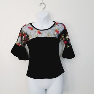 Cheeky USA Sheer Panel Trumpet‎ Sleeve Floral Embroidered Top